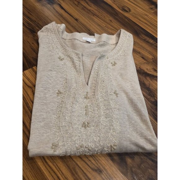 J Jill Love Linen Shirt Embroidered Beaded Sz XL Tan Lagenlook Coastal - Picture 8 of 13
